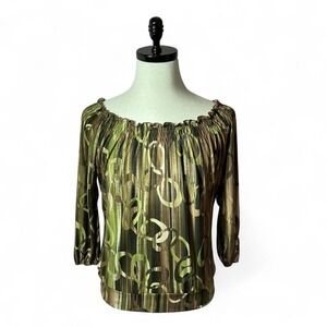 Carol Rose Olive Green Blouse Top‎ 3/4 Sleeve Circle Pattern Party Boho